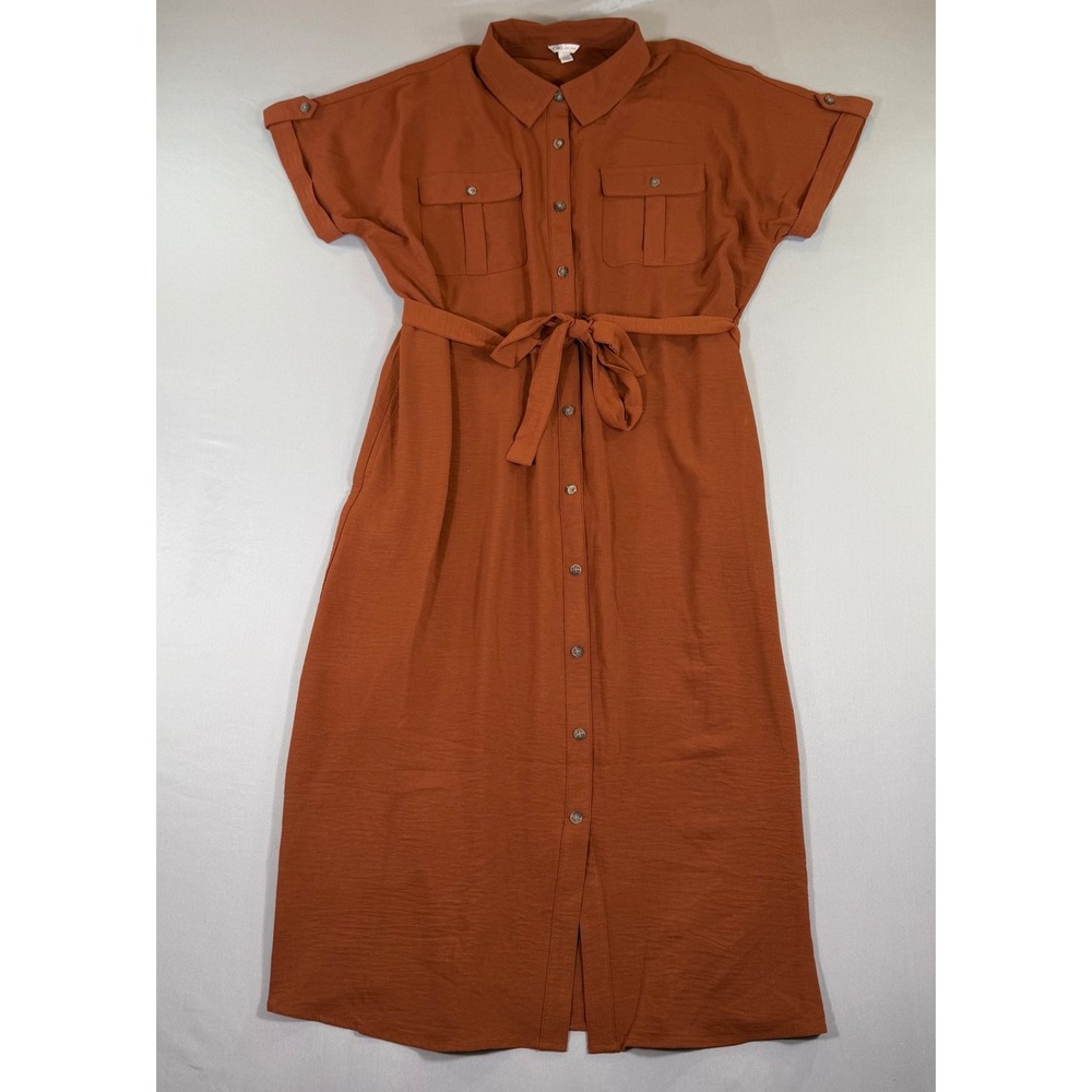 Midi Shirt Dress Rust Orange Button Down Belted L Pockets Safari Earthy Fall